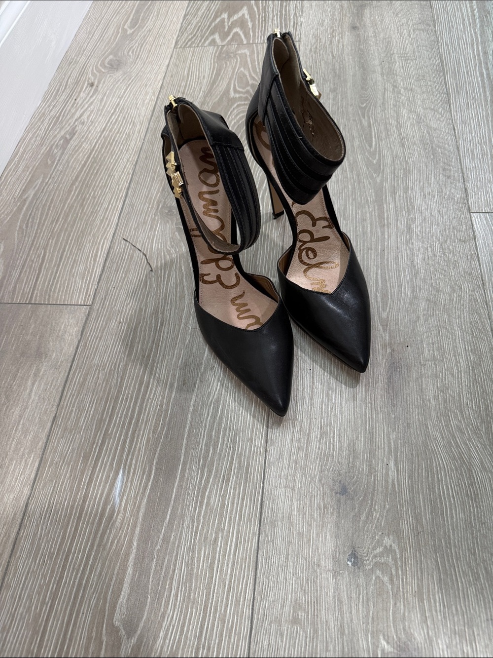 Sam Edelman Black Pointed Leather Ankle-Strap Heels